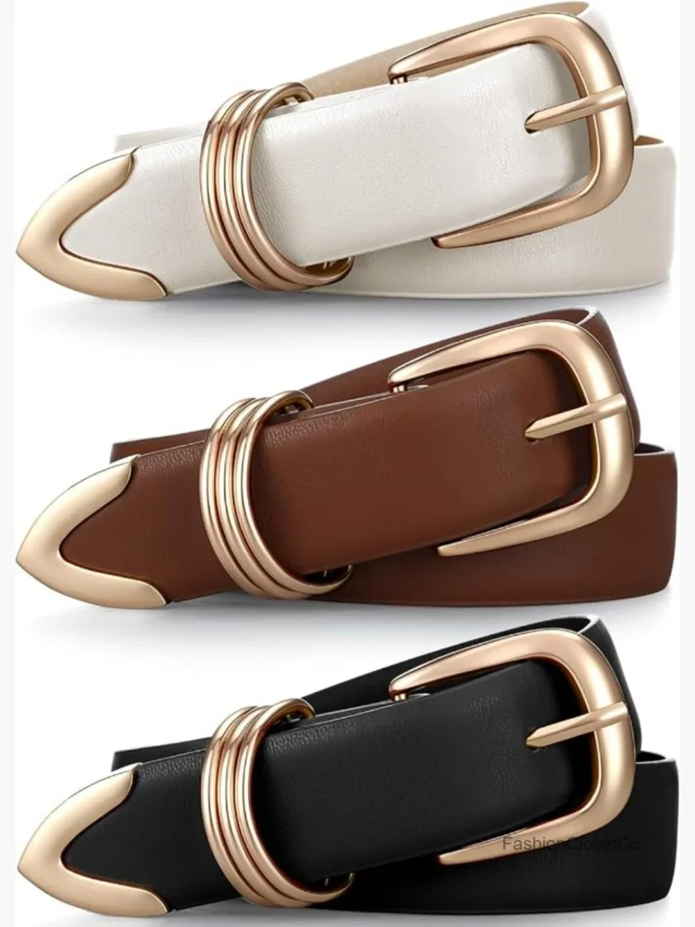 3 Faux Leather Belts with Gold Buckle - Fashion Waist Belt Set